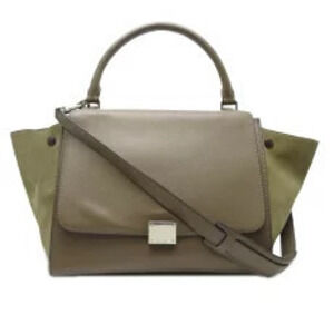 Celine Trapeze Handbag Suede Gray Beige Khaki Green